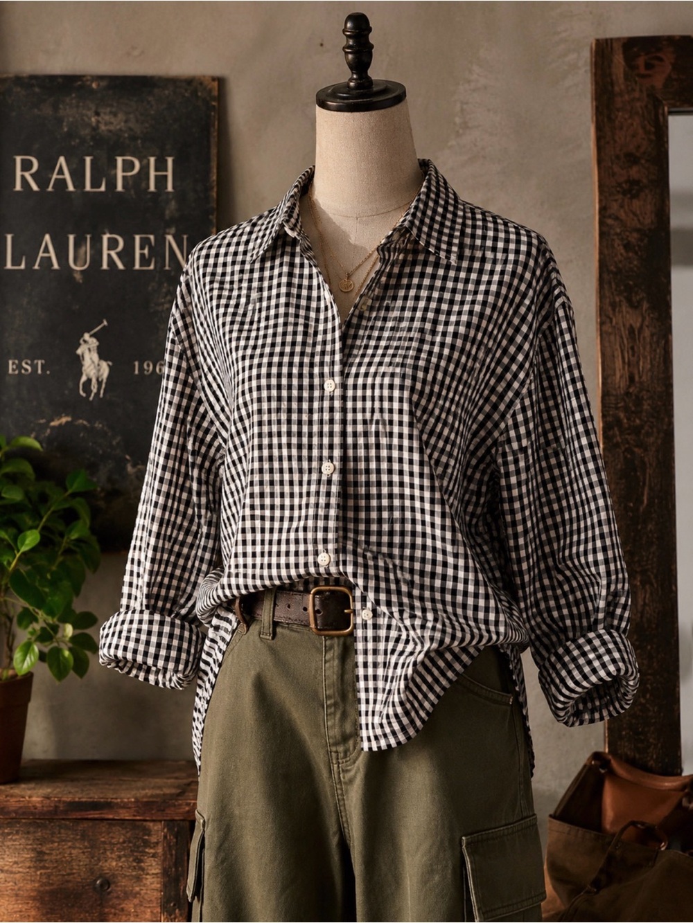 Lauren Ralph Lauren Black White Gingham Button Up Shirt Stretch Cotton Blouse 1X